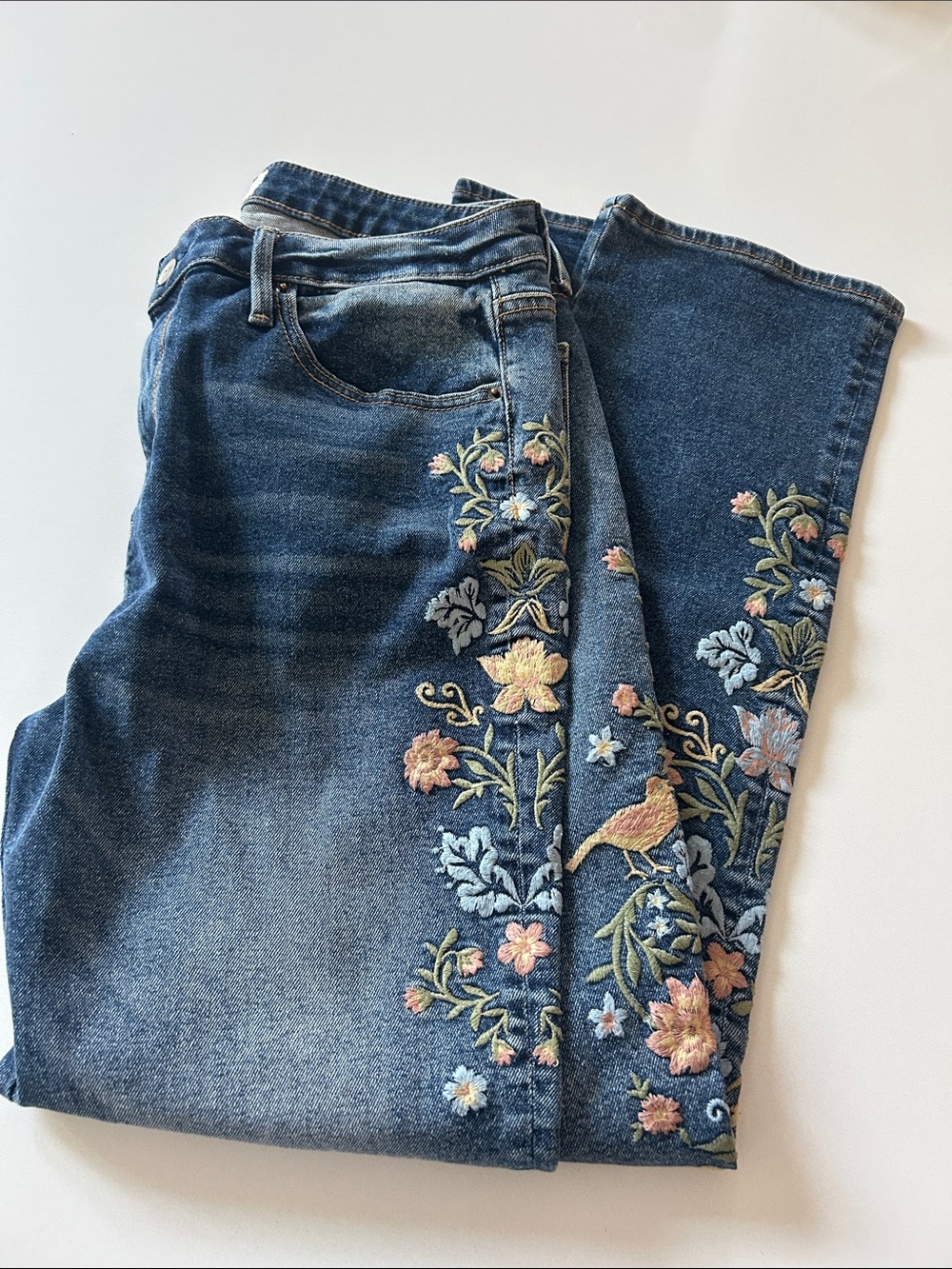 DRIFTWOOD Dark Blue Flare Jeans with Pastel Floral Embroidery